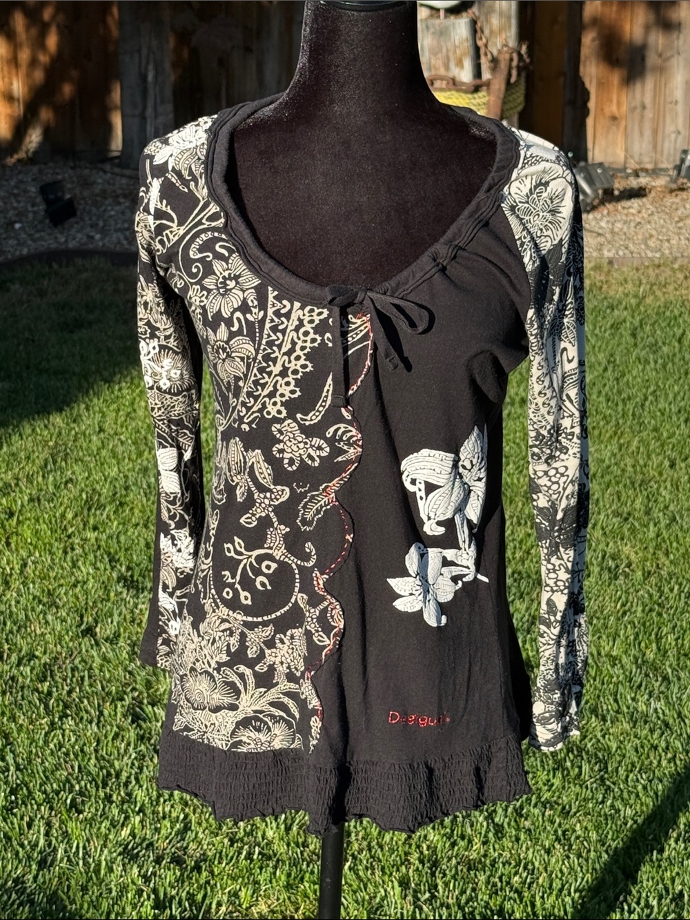 Desigual Black Tee with Orange and Pink Floral Logo